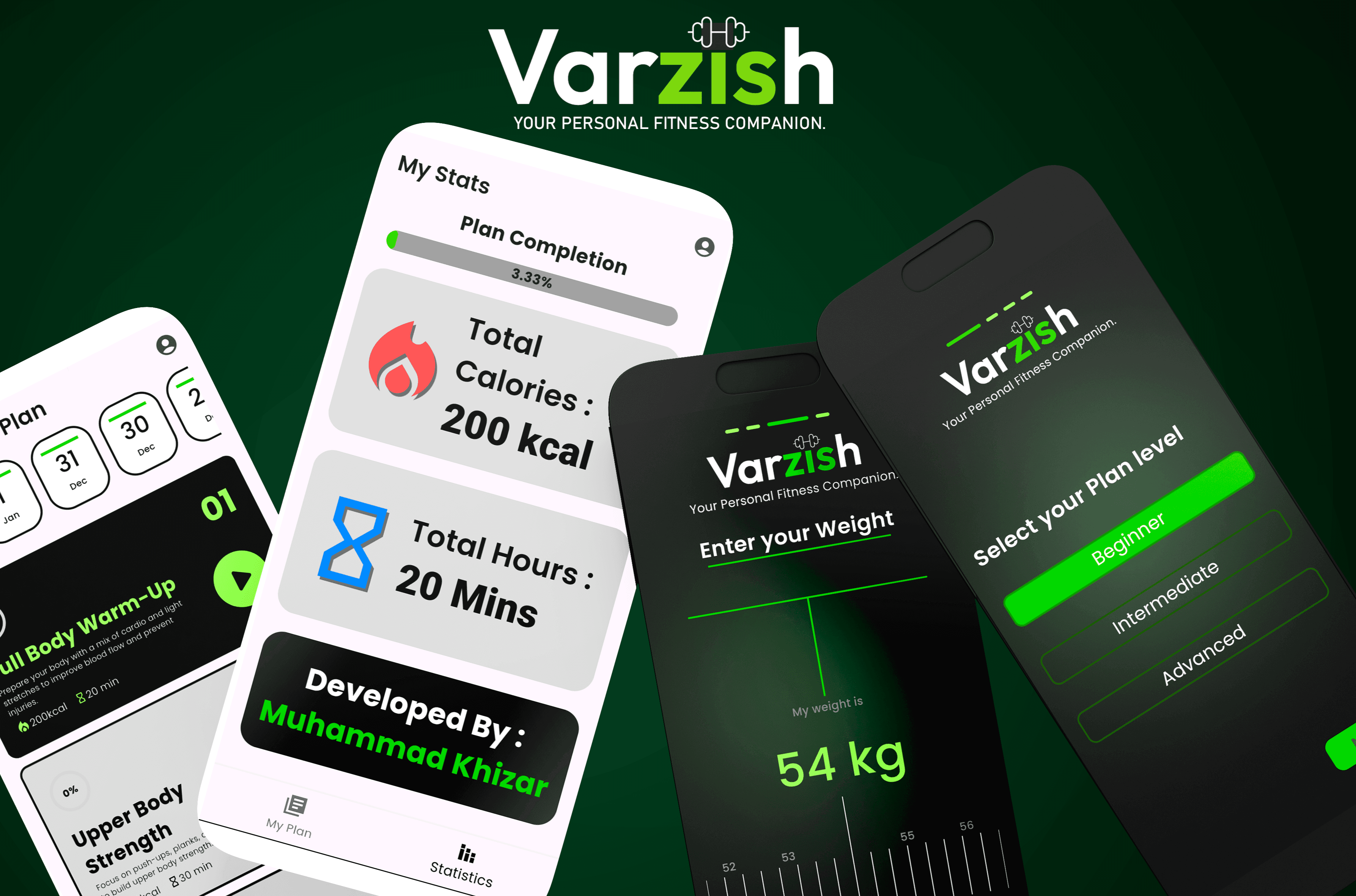 Varzish fitness app, shown across several phone screens
